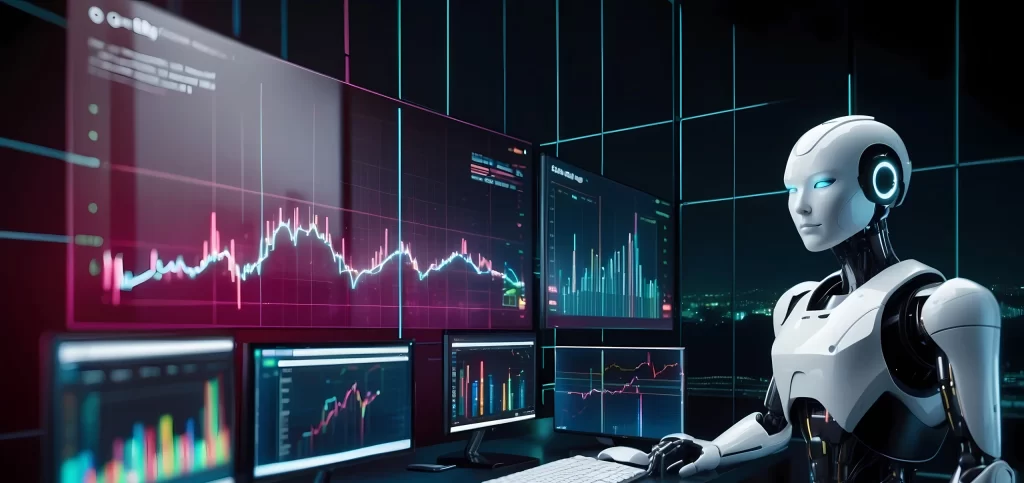 Robô com inteligência artificial analisando gráficos de vendas e dados em tempo real em múltiplas telas digitais