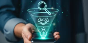 Visualização digital do pipeline de vendas com etapas de prospecção, negociação e fechamento exibidas em holograma.