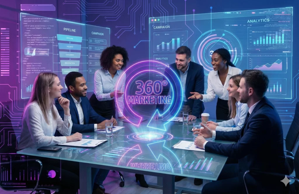 Equipe multidisciplinar utilizando marketing 360° com tecnologia.