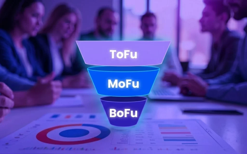 Ilustração do funil de vendas B2B com as etapas ToFu, MoFu e BoFu sobre uma mesa de reunião, representando a jornada de compra, tomada de decisão e análise de dados em vendas corporativas.