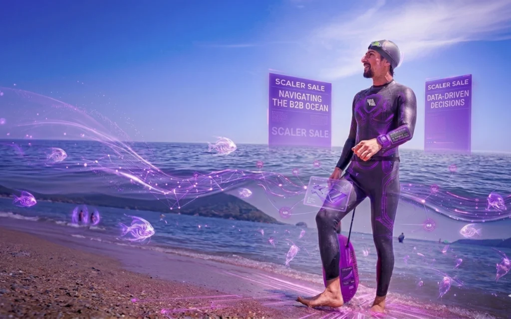 Aceleração de vendas B2B representada por atleta de mar aberto em cenário digital da Scaler Sale, com elementos de dados, estratégia e alta performance comercial.