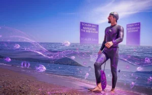 Aceleração de vendas B2B representada por atleta de mar aberto em cenário digital da Scaler Sale, com elementos de dados, estratégia e alta performance comercial.