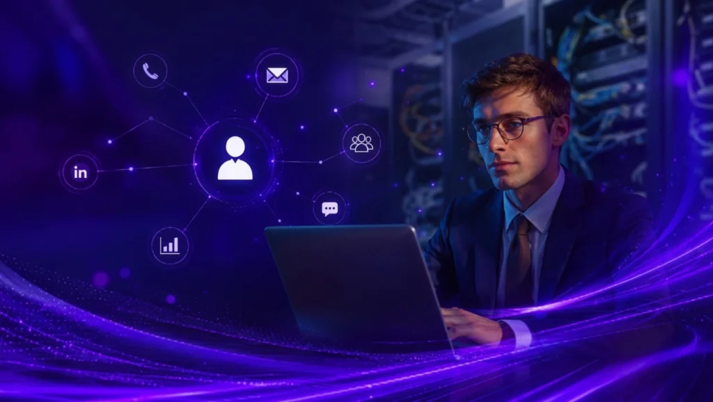 Profissional utilizando IA para prospecção de clientes em uma operação comercial multicanal.