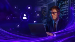 Profissional utilizando IA para prospecção de clientes em uma operação comercial multicanal.