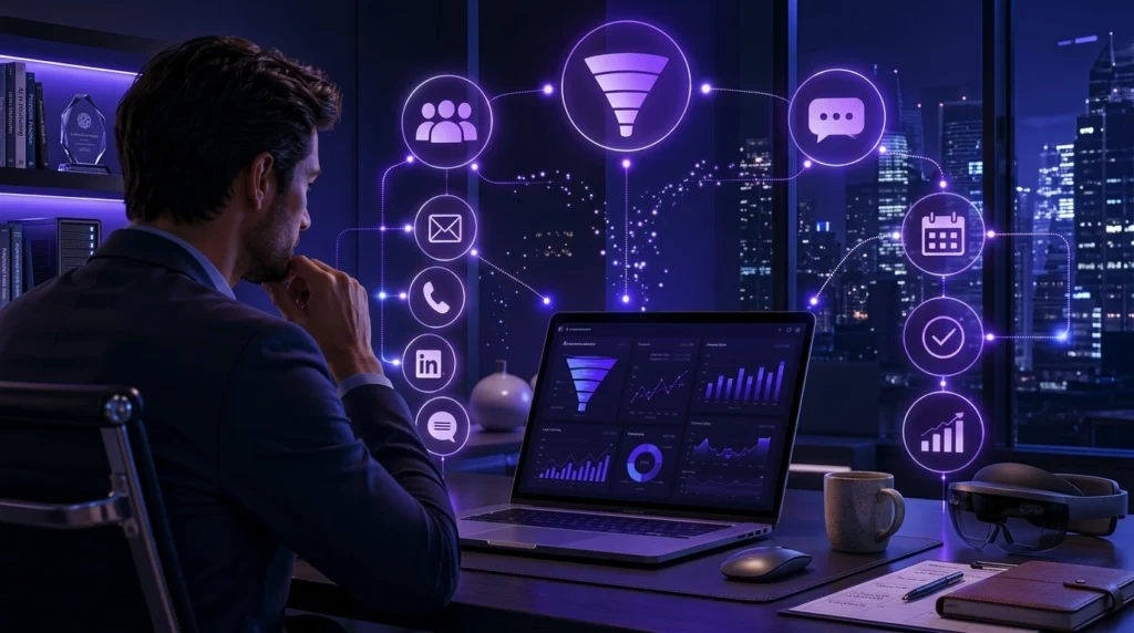 Gestor comercial analisando um fluxo de vendas multicanal e indicadores para estruturar um playbook de prospecção outbound escalável.