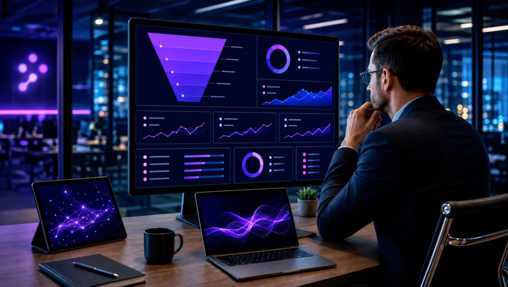 Profissional analisando indicadores e dados para planejamento de escala comercial