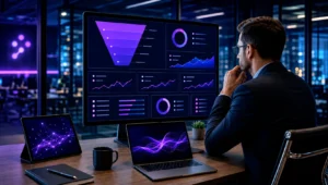 Profissional analisando indicadores e dados para planejamento de escala comercial